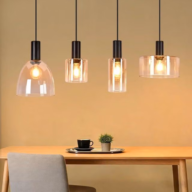 ZMH Lampada a Sospensione 4 Luci Vetro Ambra Industriale Altezza Regolabile per Soggiorno Sala da Pranzo Senza Lampadina