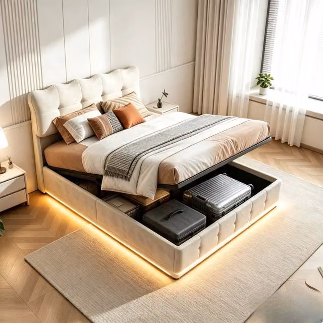 Letto matrimoniale 160x200 cm con contenitore testiera regolabile e illuminazione LED struttura letto matrimoniale in metallo legno e velluto - beige
