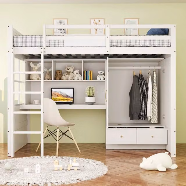 Letto a soppalco 90×200 cm con scrivania, armadio e cassetti, senza materasso, legno, bianco