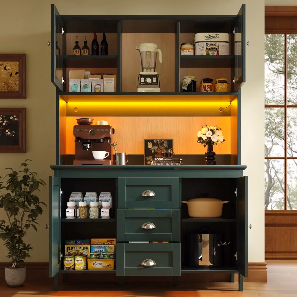 Credenza da cucina e soggiorno WISHDOR moderna con ante in vetro, illuminazione integrata e ripiani interni, L/P/H: 120 x 40 x 179 cm, verde e marrone – 2