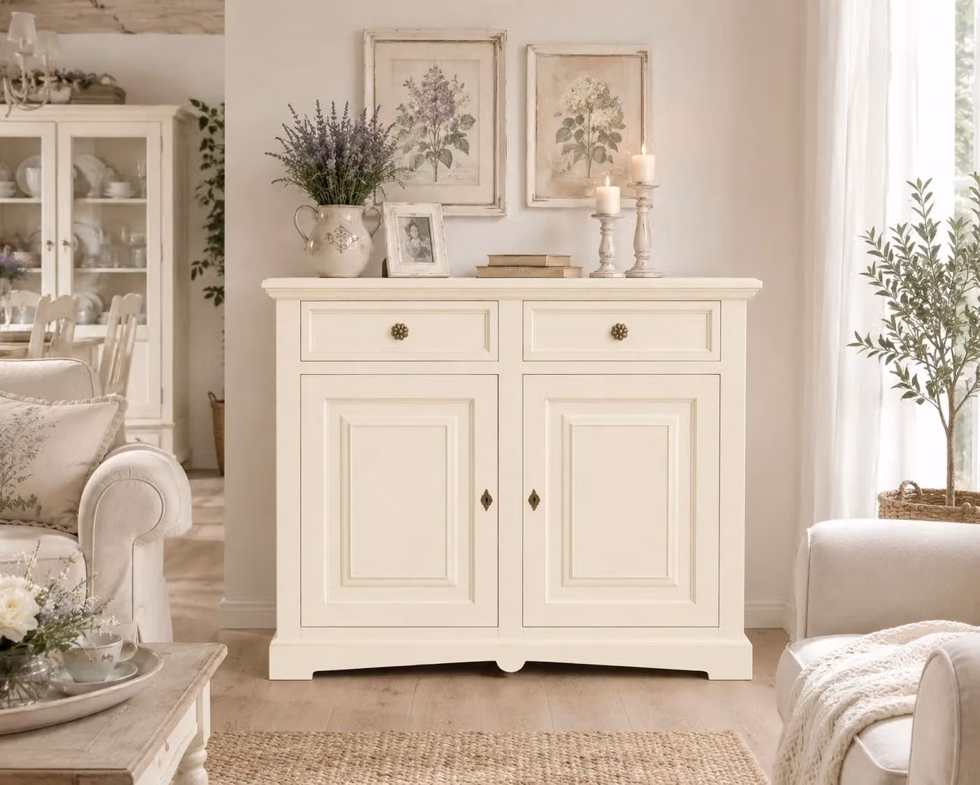 Credenza shabby chic in legno con 2 ante color avorio Mobili 2G L: 117 cm, P: 46 cm, H: 96 cm – 2