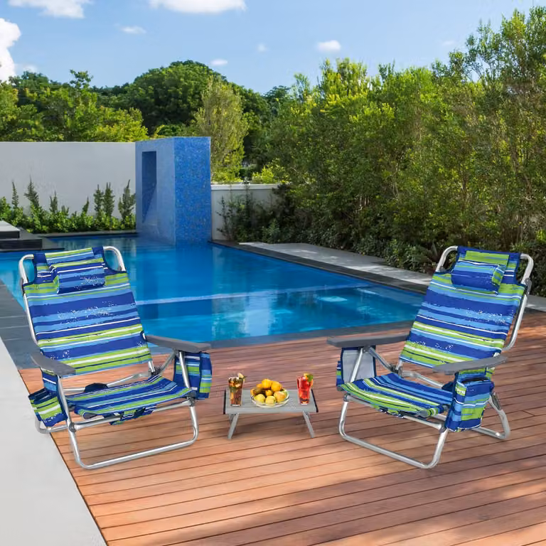 Set di sedie da spiaggia reclinabili e tavolino da campeggio a scomparsa Costway, design moderno a righe, colore blu
