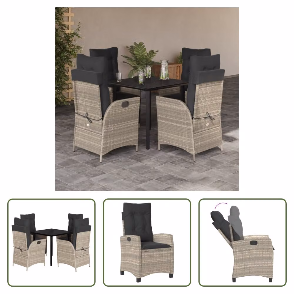 The Living Store Set da pranzo da giardino 5 pezzi con cuscini in rattan grigio chiaro