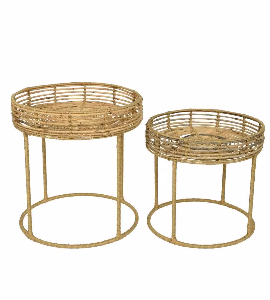 Tavolino Elegante Rotondo in Legno Rattan d.49xH53 cm