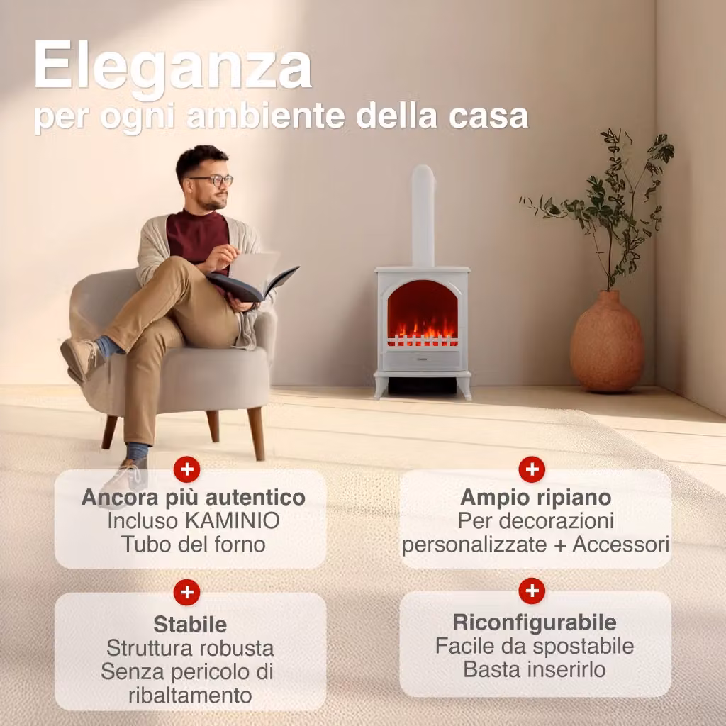 Camino elettrico Kamino LENI con effetto fiamma 3D e riscaldamento, colore bianco – 2