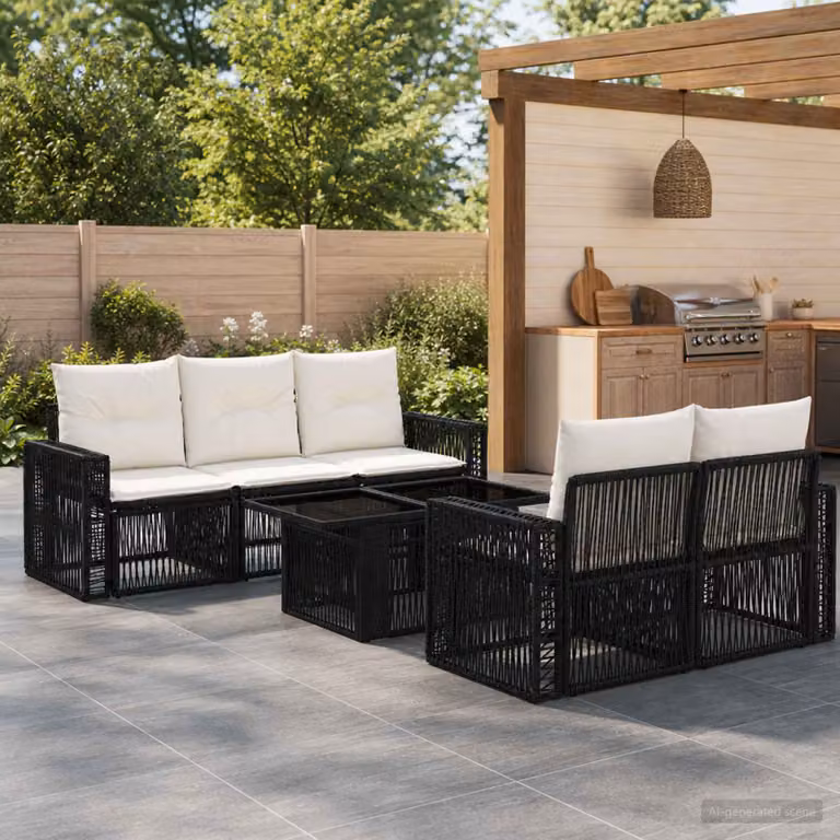 Set Divano da Giardino vidaXL 6 pz in Polyrattan Nero e Bianco con Cuscini e Tavolino da Esterno