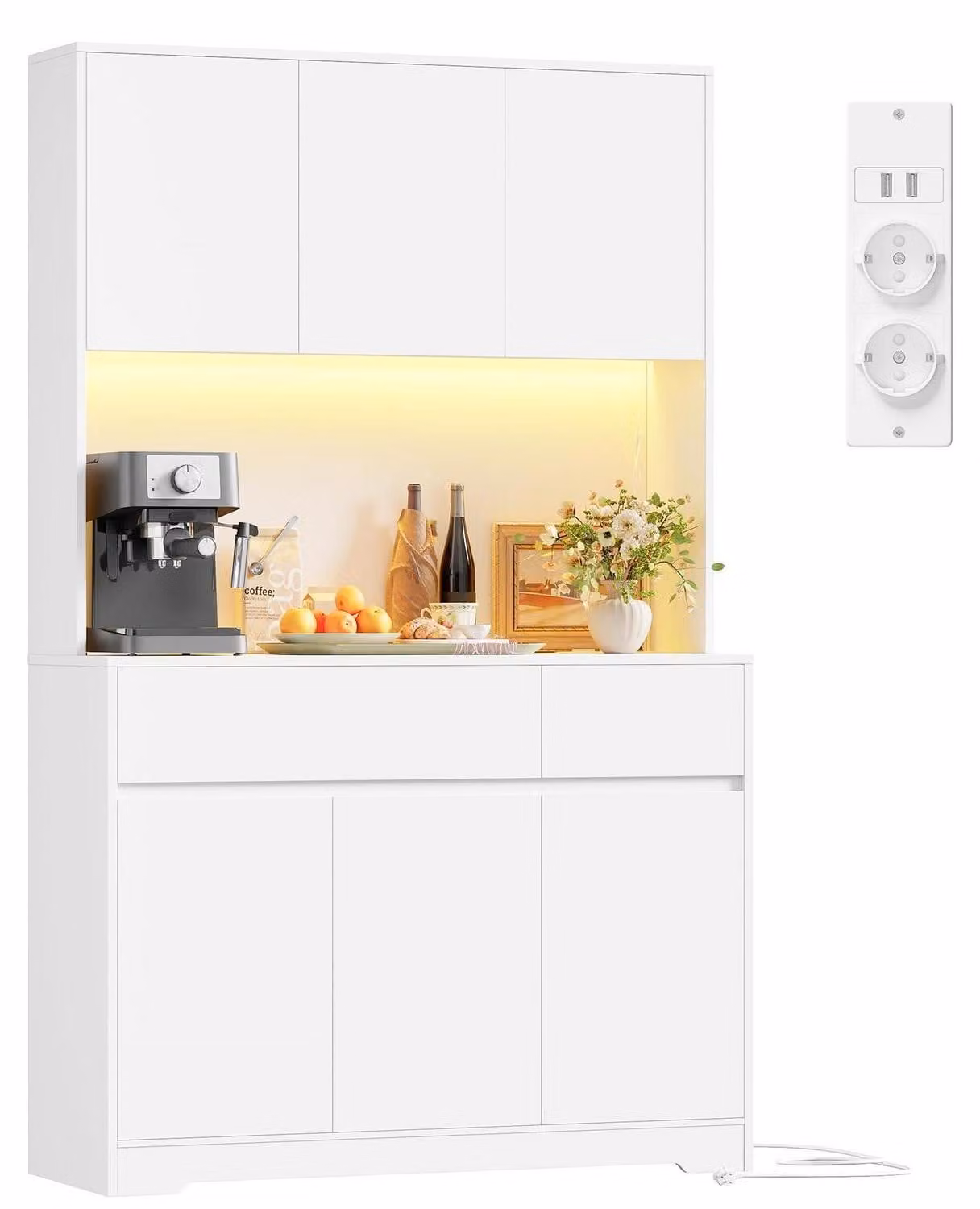 Mobiletto da cucina/credenza con illuminazione a LED e presa di corrente, dimensioni 180x100x38,5 cm, colore bianco
