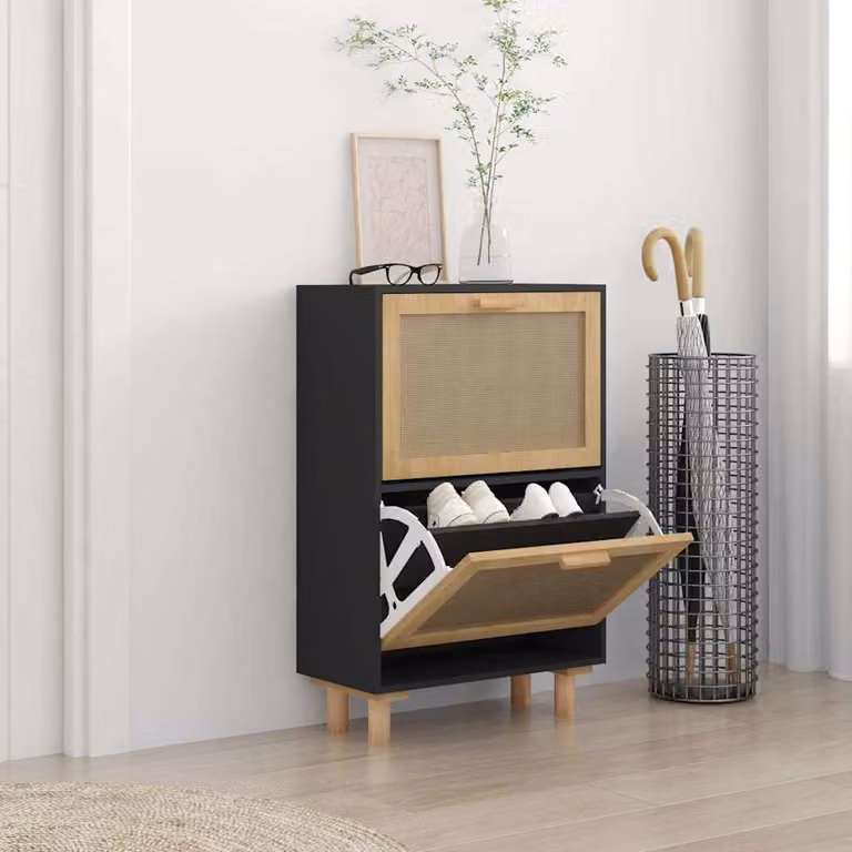 Scarpiera vidaXL in stile scandinavo nera con legno e rattan, L: 52 cm, P: 25 cm, H: 80 cm