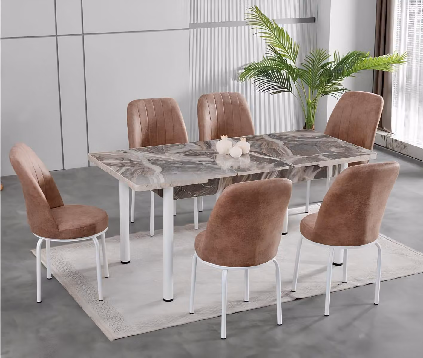 Tavoli da pranzo, set da pranzo, sedie, forma rettangolare, tavolo grigio, tavolo marrone, prodotti nuovi