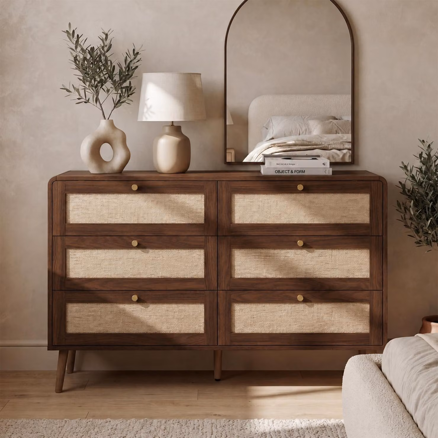 Comodino/Credenza Merax con 6 cassetti, mobile contenitore con aspetto rattan, design noce, angoli arrotondati, gambe alte, MDF, ideale per la camera da letto, finitura noce