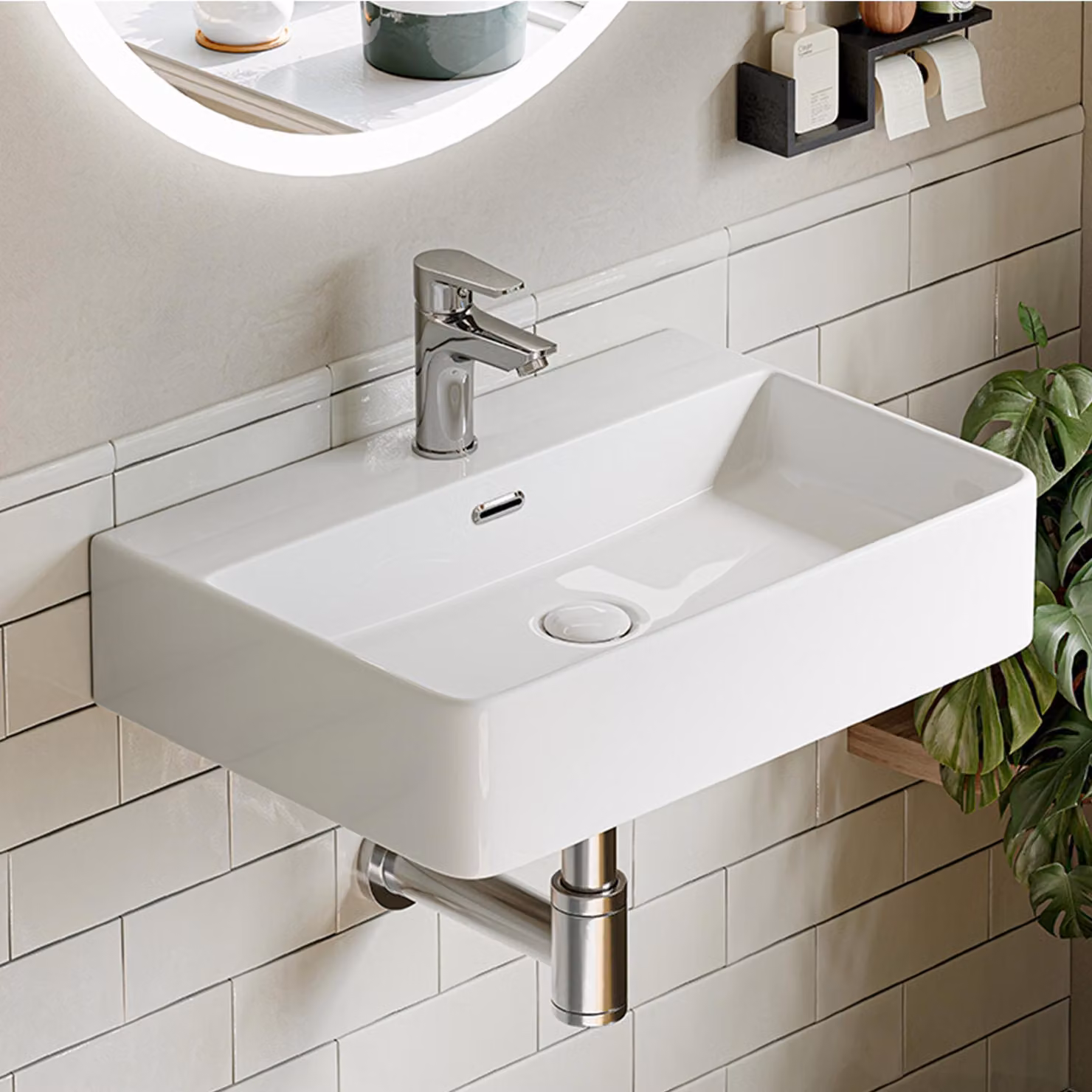 Lavabo HOROW, 60 x 42 cm, da montare a parete, lavabo sospeso in Vetroceramica, rettangolare, con foro per rubinetto e troppofilo