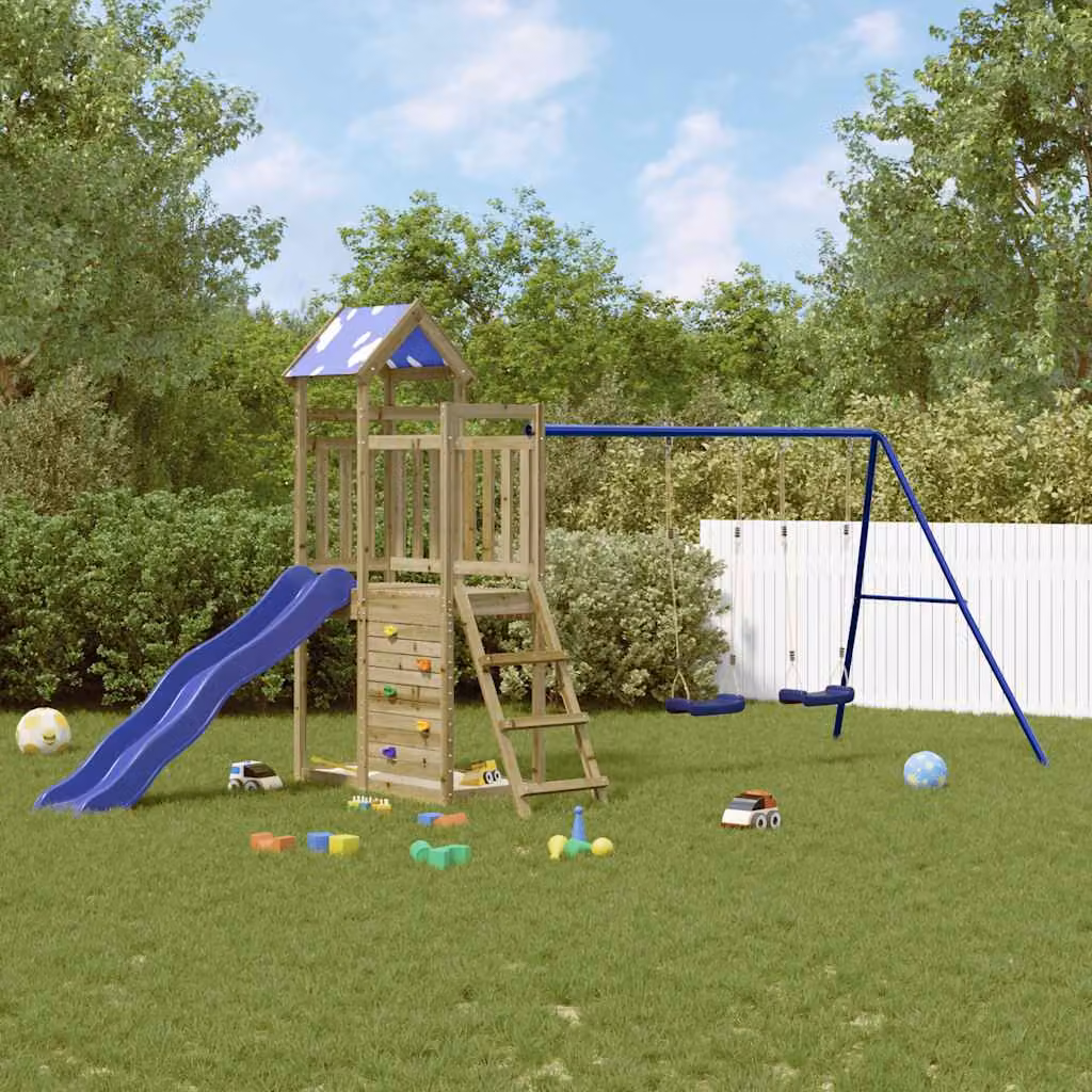 vidaXL Set da Gioco da Esterno in Legno di Pino con Scivolo, Altalena e Sabbiera, Multicolore, L: 445.5 cm, P: 185.5 cm, H: 215.0 cm – 1