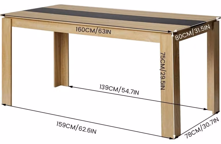Tavolo da pranzo in legno, tavolo da cucina, dimensioni 160x80x75 cm, finitura noce e nero