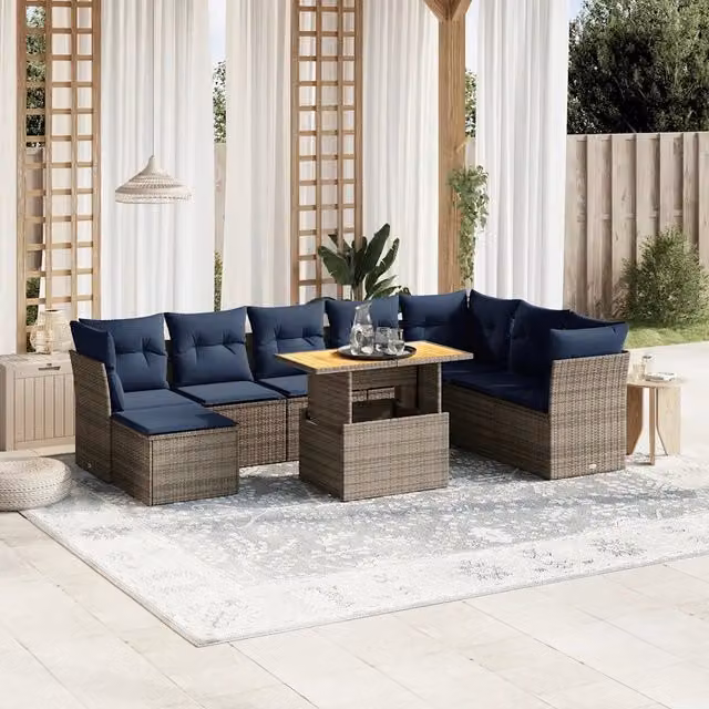 Set Divani da Giardino 9 pz con Cuscini Grigio in Polyrattan 3275518