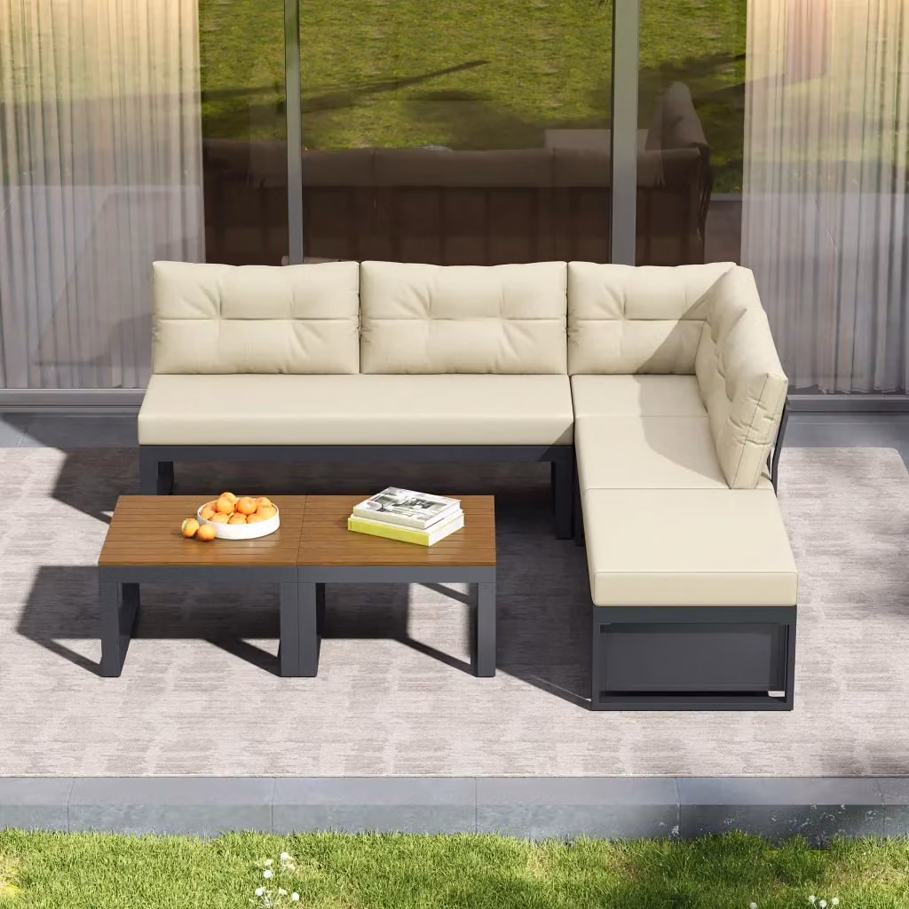Set di mobili da giardino modulare OKWISH con schienale regolabile a 3 posizioni e vano portaoggetti in poliestere beige, L: 191,5 cm, P: 79,0 cm, H: 64,2 cm – 2