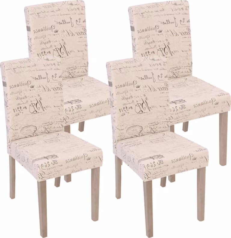 set di 4 sedie da sala da pranzo Littau, sedia da cucina ~ tessuto con scritte, crema, struttura gambe - rovere
