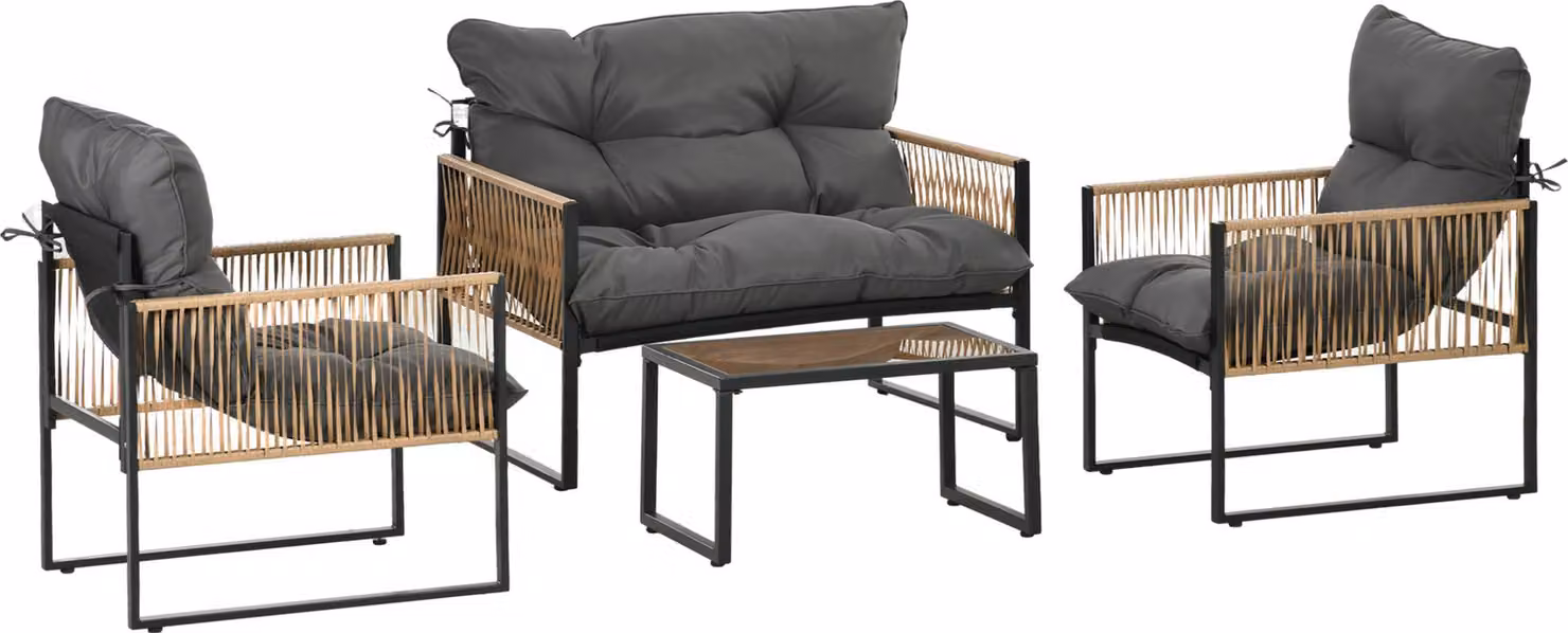 Set di mobili da giardino, 4 pezzi, divano, 2 sedie, tavolo con piano in vetro, struttura in metallo, polyrattan, antracite