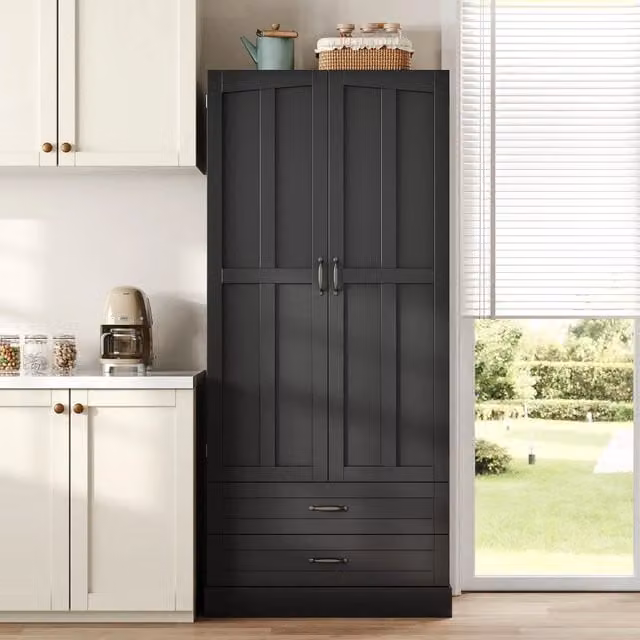 Armadio Dispensa REDOM Nero in MDF con Ripiani Interni e Ante a Battente L: 80 cm, P: 37,5 cm, H: 180 cm