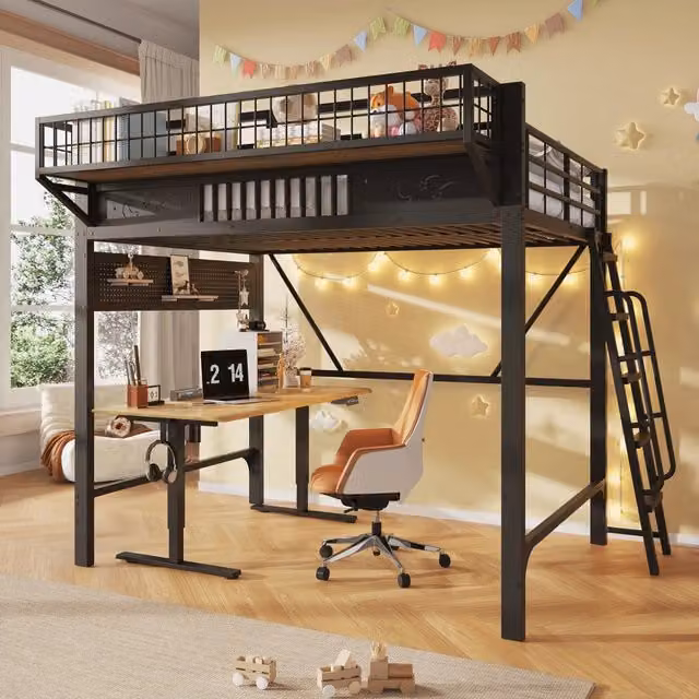 Letto a soppalco 140x200 cm in metallo nero con vani contenitore e scala reversibile