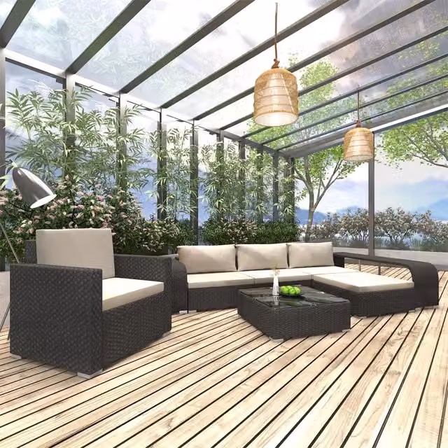 Set da giardino moderno vidaXL composto da 8 pezzi con divano a L, tavolino da caffè, pouf e cuscini in bianco e nero