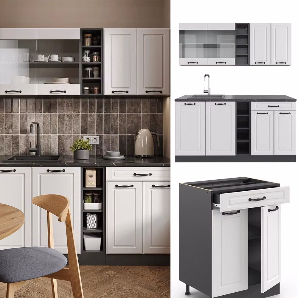 Cucina completa Vicco R-Line stile country house in bianco rustico e antracite, L: 160 cm – 2