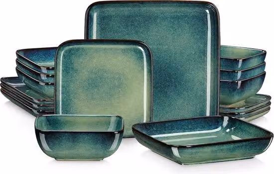 Serviesset da 16 pezzi - 4 posti - Ceramica - Set da pranzo - Piatti da pranzo - Piatti da dessert - Ciotole per zuppe - Piattini per colazione - Set da 4 pezzi - Blu/Verde