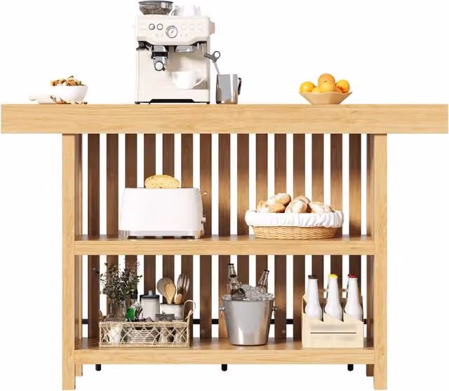 Tavolo da bar con poggiapiedi e 2 ripiani per cucina, stile rustico moderno, in MDF naturale, 160 × 40 × 105 cm