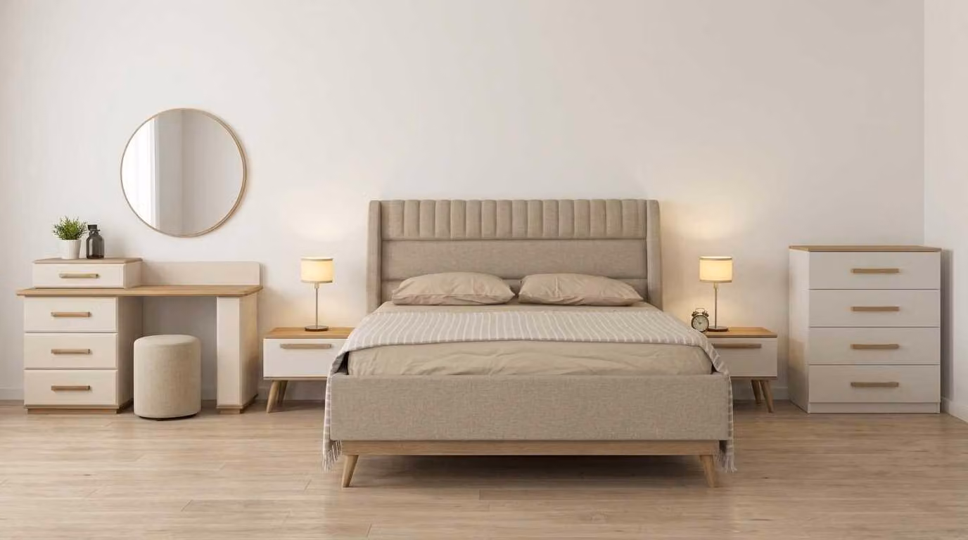 Set per camera da letto beige, moderno, letto, comodino, specchio