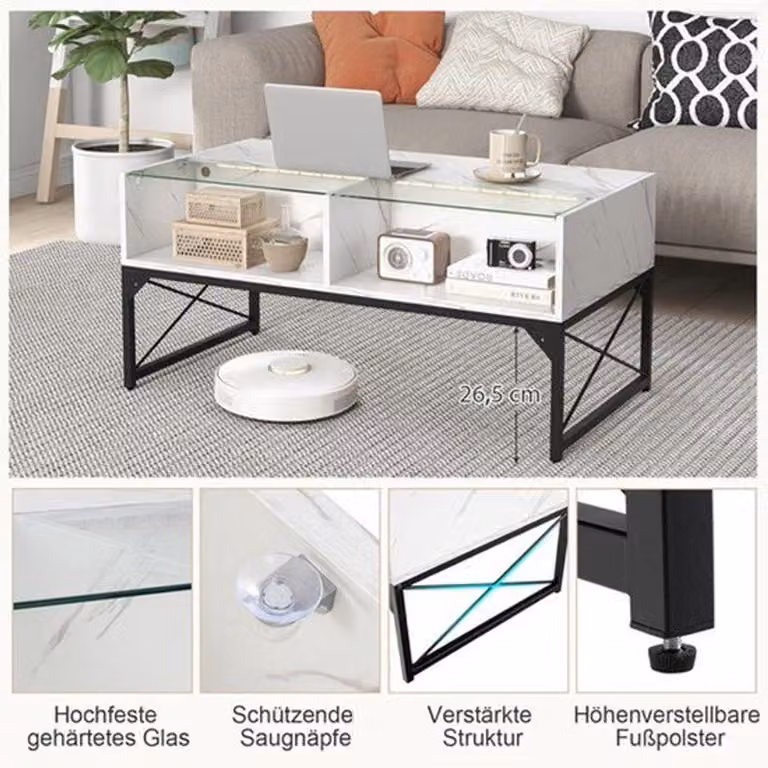 Tavolino da salotto - Illuminazione LED con colori regolabili - Metallo e vetro temperato - Design moderno per il soggiorno
