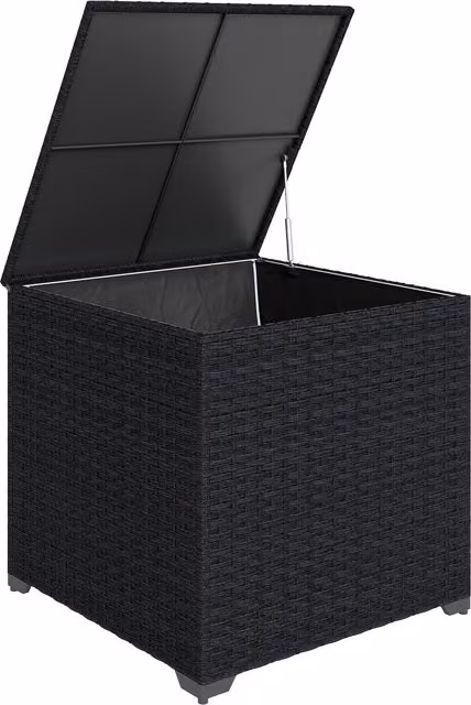 Baule da esterno Outsunny in rattan nero con pistone a gas e struttura in acciaio, capacità 253 L