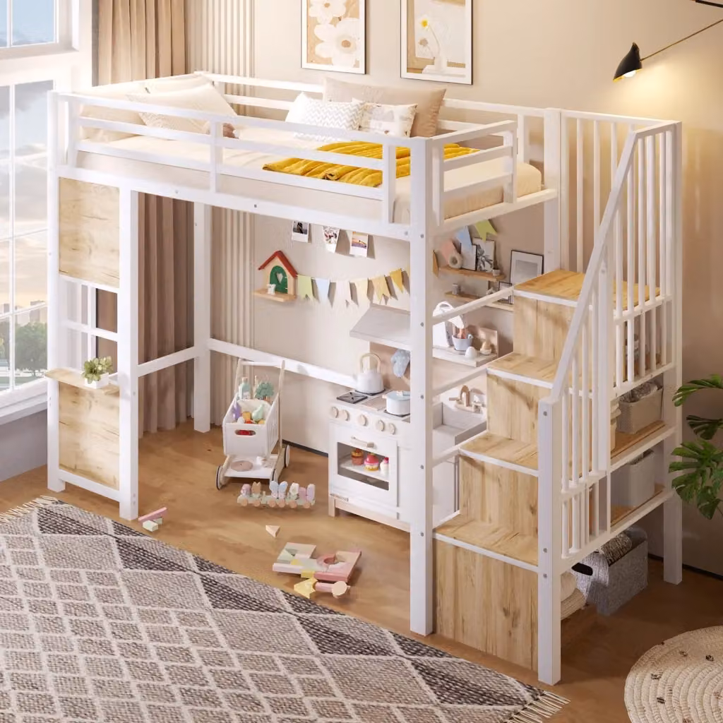 Letto a soppalco singolo Chicfurn bianco con scala contenitore, ripiano laterale e struttura in legno, metallo e MDF, L/P: 90 x 200 cm – 2