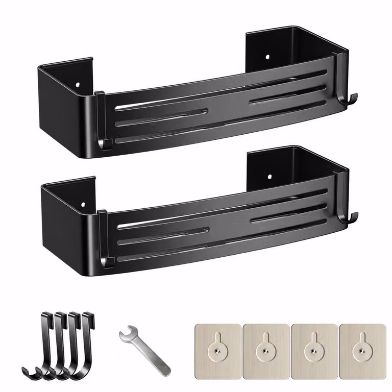 Organizzatore da doccia autoadesivo, 2 pezzi, mensole da bagno in alluminio da 32,5 cm, senza necessità di foratura, con 4 ganci, colore nero