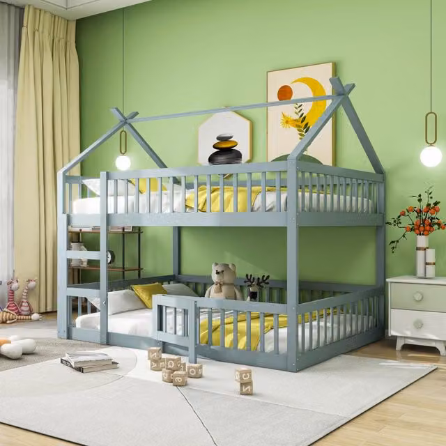 Letto a castello per bambini 140x200 con scala; struttura in legno grigio per cameretta