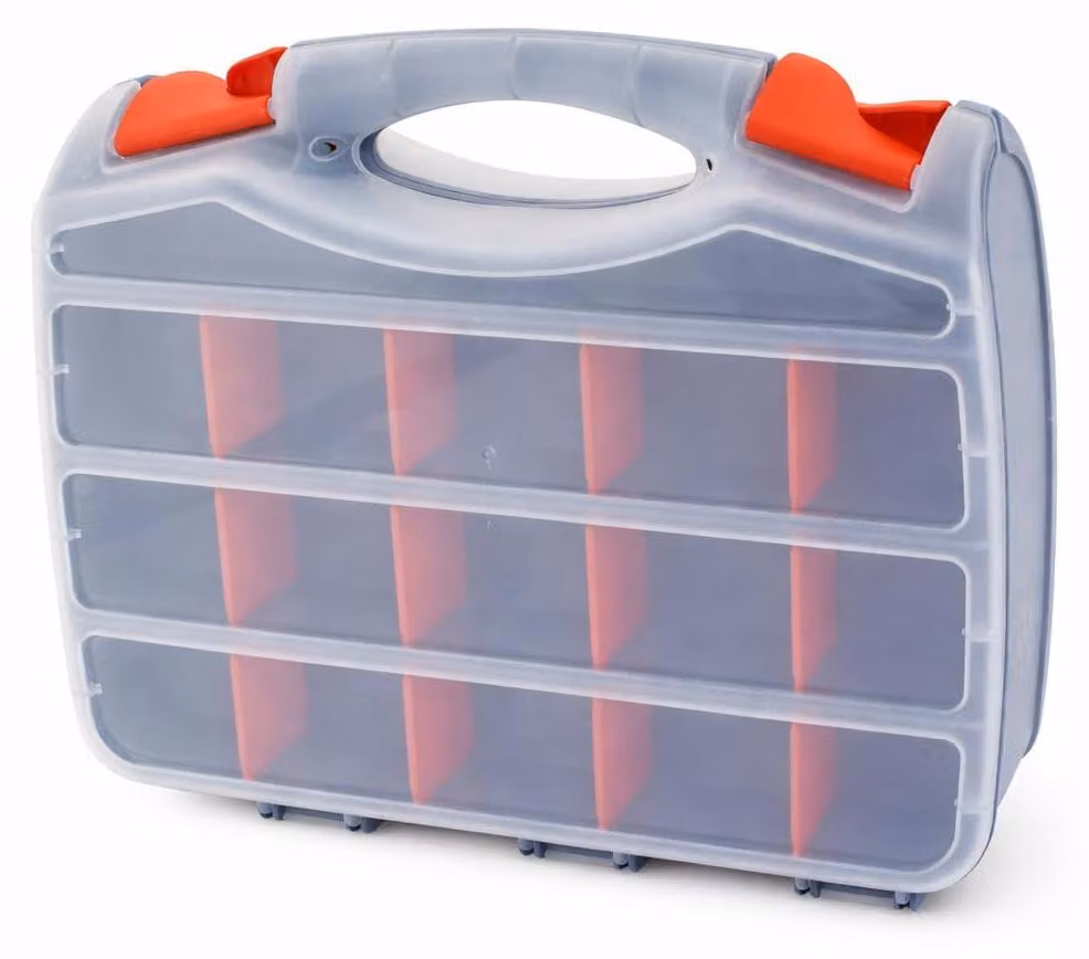 Contenitore di stoccaggio, bilaterale, con 15 scomparti, dimensioni 31x26x7,5 cm