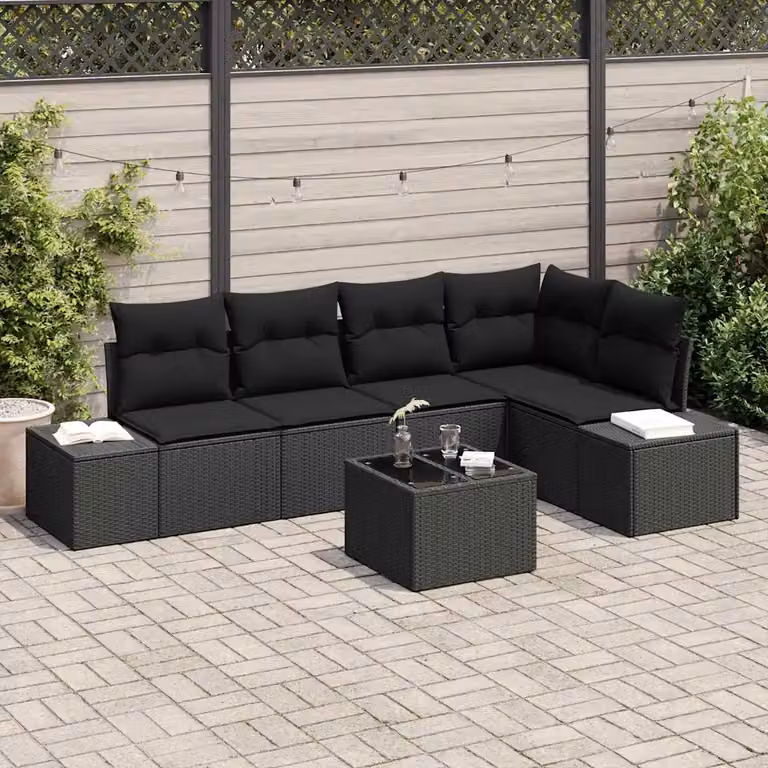 Set Divano da Giardino a L vidaXL in 6 pezzi Nero con Tavolino e Cuscini in Polyrattan e Acciaio