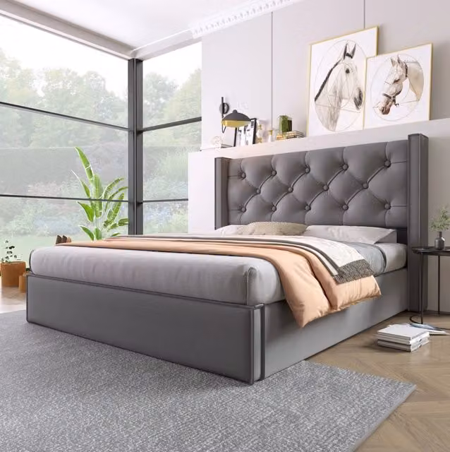 Letto imbottito moderno con contenitore e rete sollevabile grigio L/P: 160 x 200 cm