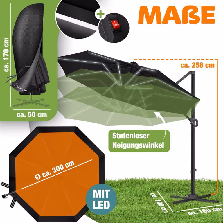 KESSER® Parasole per pergolati, modello SUN, diametro 330 cm, regolabile in 7 posizioni, rotazione a 360°, include copertura