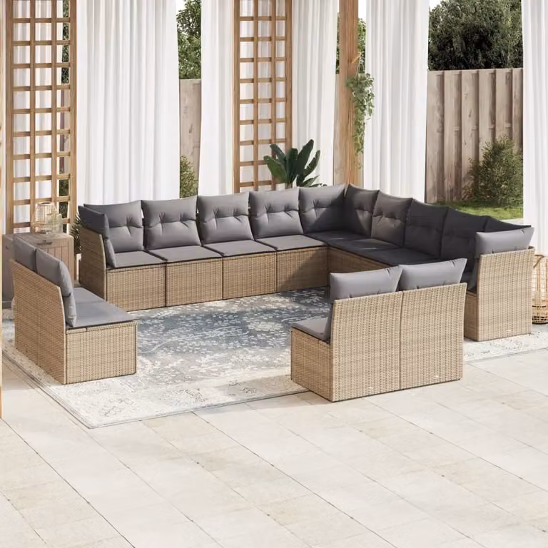 vidaXL Set Divano da Giardino 13 pz a forma di U con Cuscini Beige e Struttura in Metallo e Polyrattan