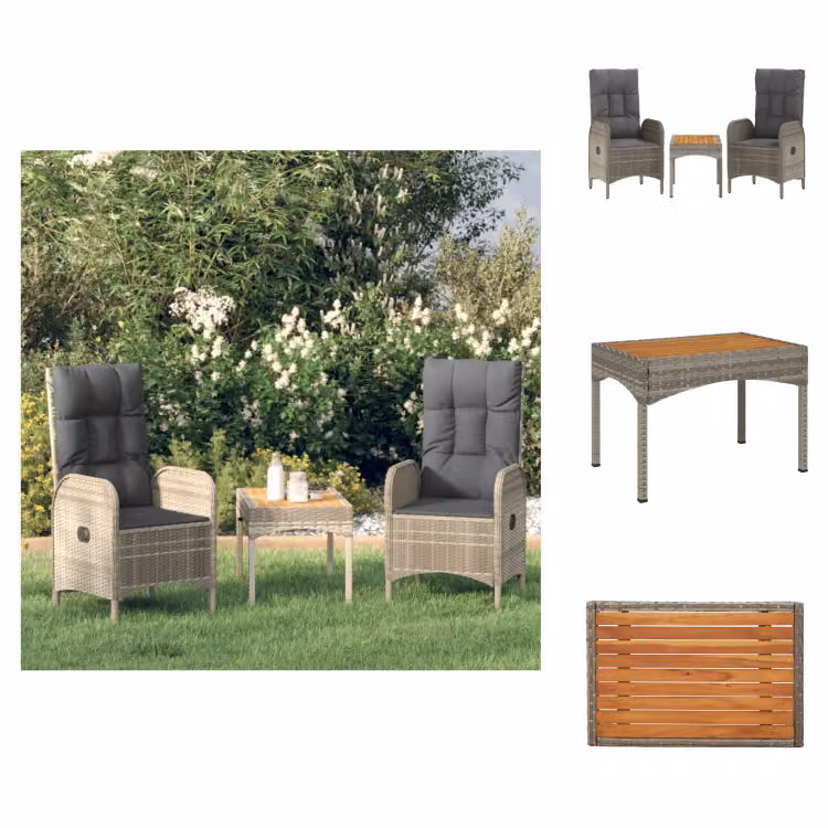 vidaXL Set 3 pezzi da giardino con cuscini in poly rattan grigio - Set di mobili da giardino