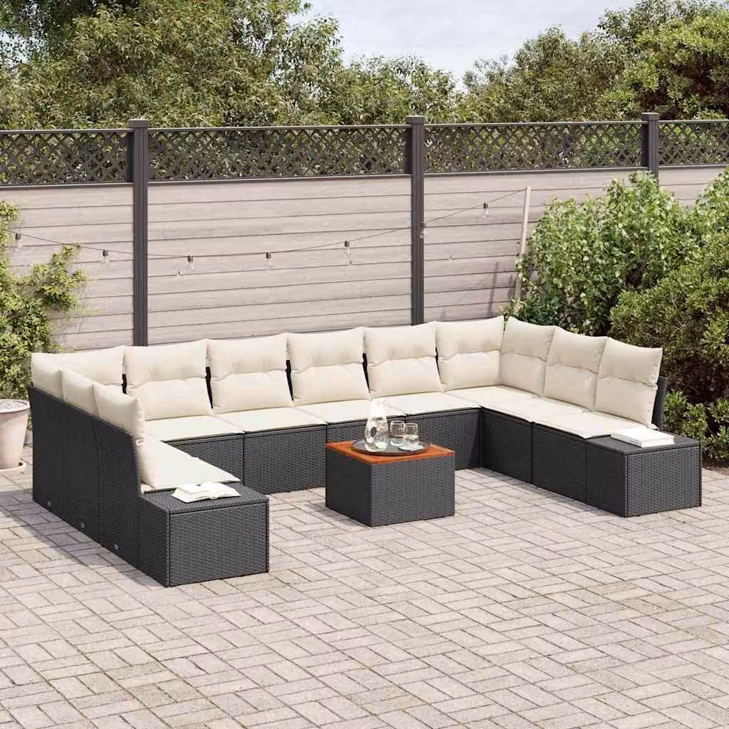 Set Divano da Giardino con cuscino 11 pcs Nero polyrattan