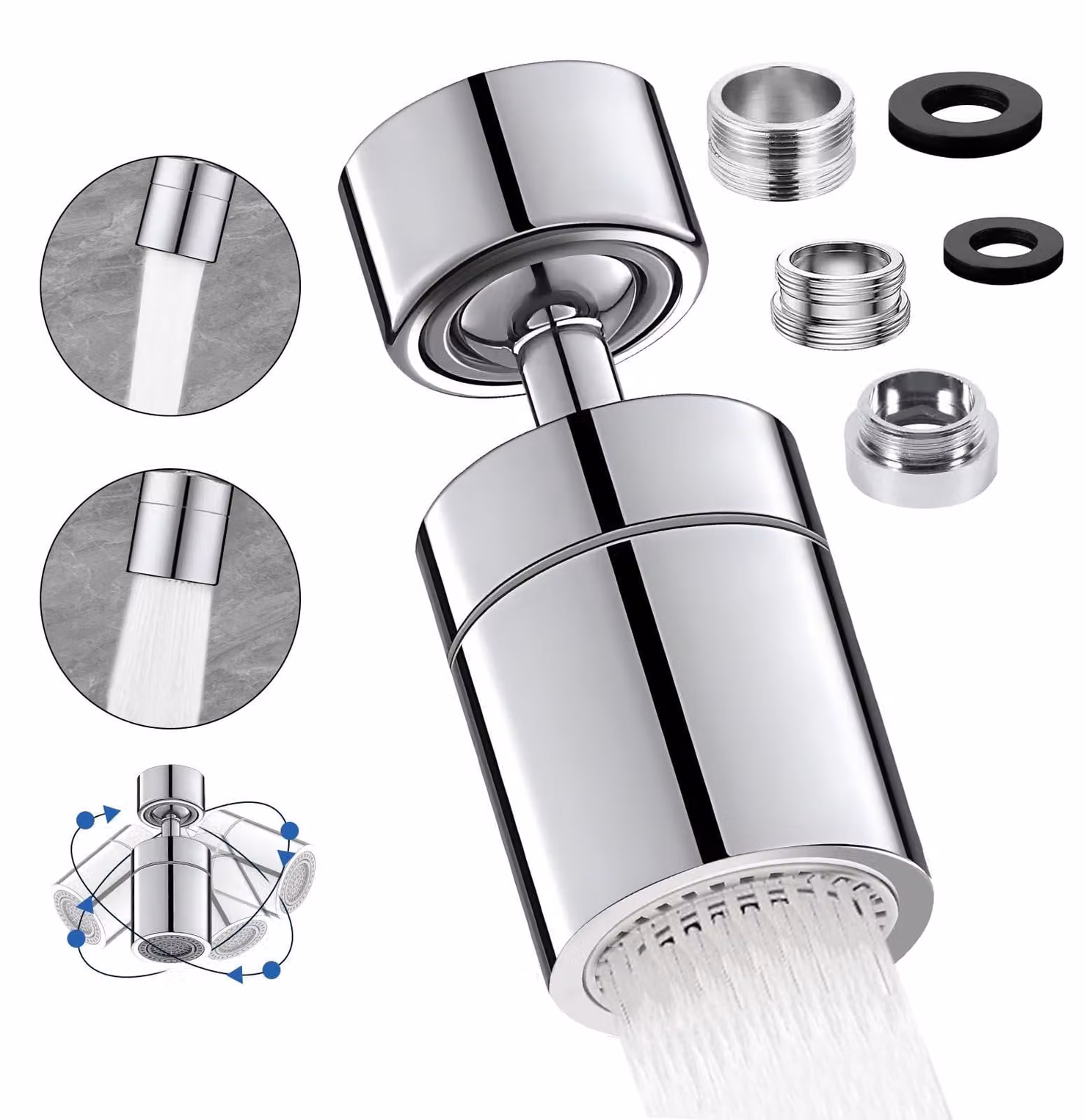 Adattatore per rubinetto DUNSOO, girevole a 360 gradi, cromato, con filettatura M22 o M24, con due tipi di getto, ideale per cucina/bagno