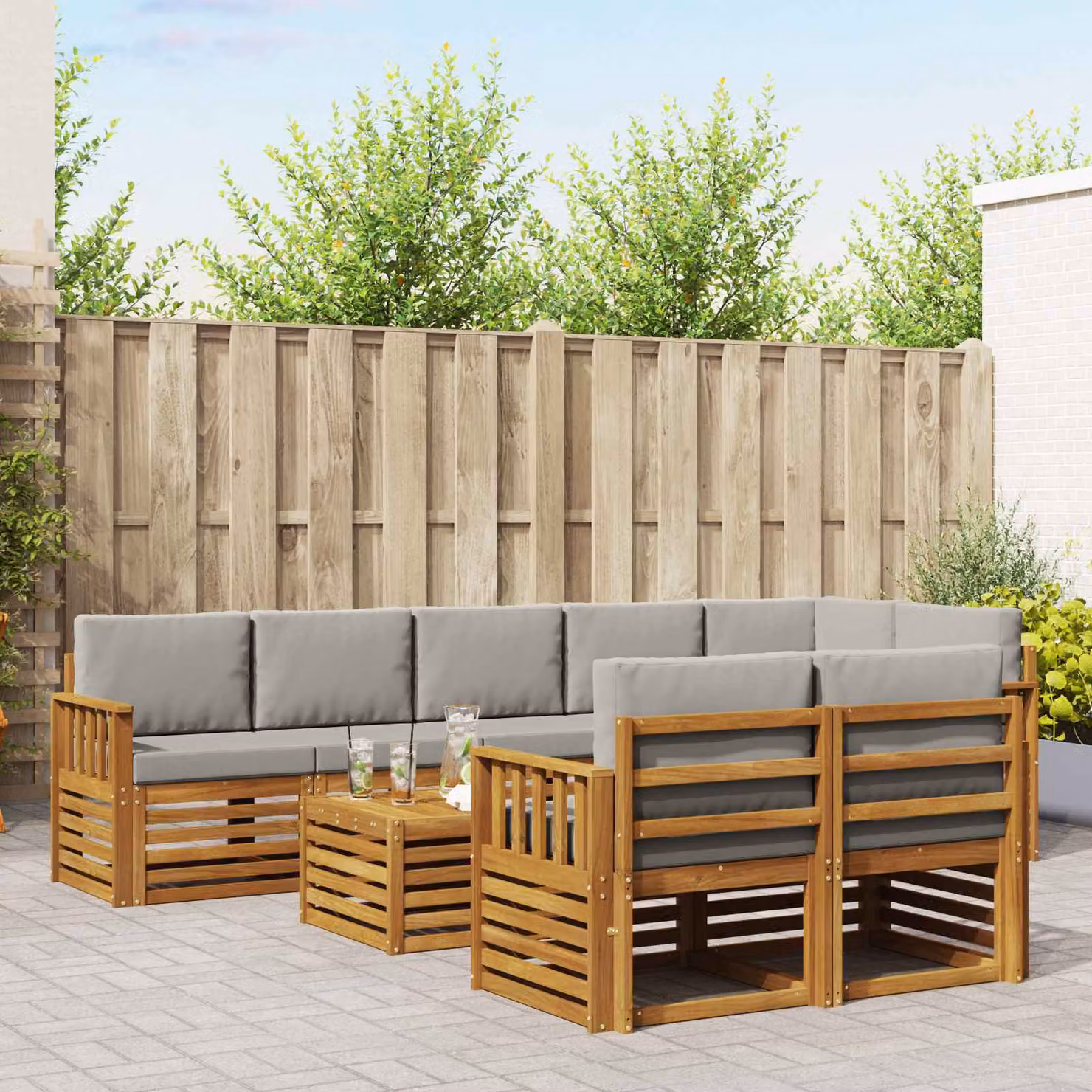 Set di divani da esterno vidaXL 9 pz in legno di acacia con cuscini Grigio, Beige e Bianco