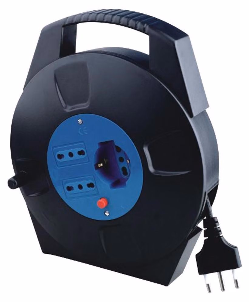 Alcapower Prolunga Avvolgicavo 8 metri con 1 Presa Schuko Bipasso, 2 Prese 10/16A Italia e Spina 16A, Potenza Massima fino a 2200W di Picco