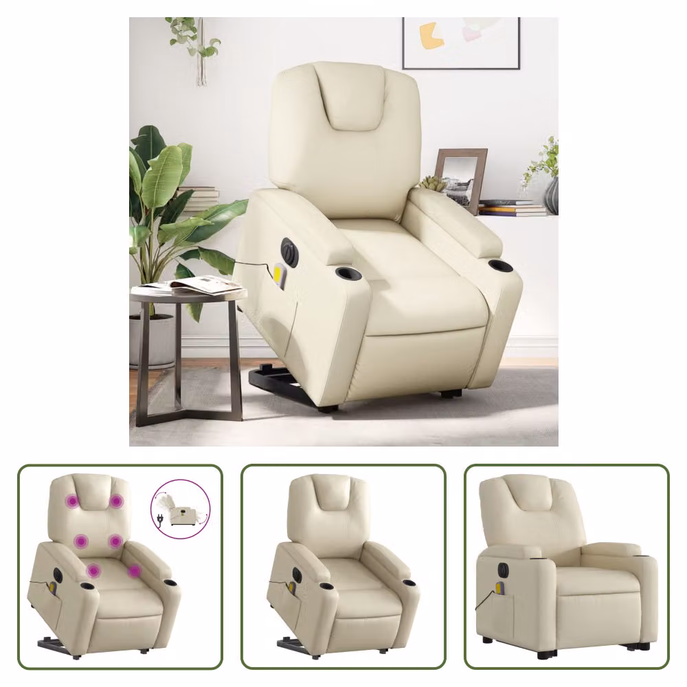 The Living Store Poltrona massaggiante con ausilio elettrico in ecopelle crema