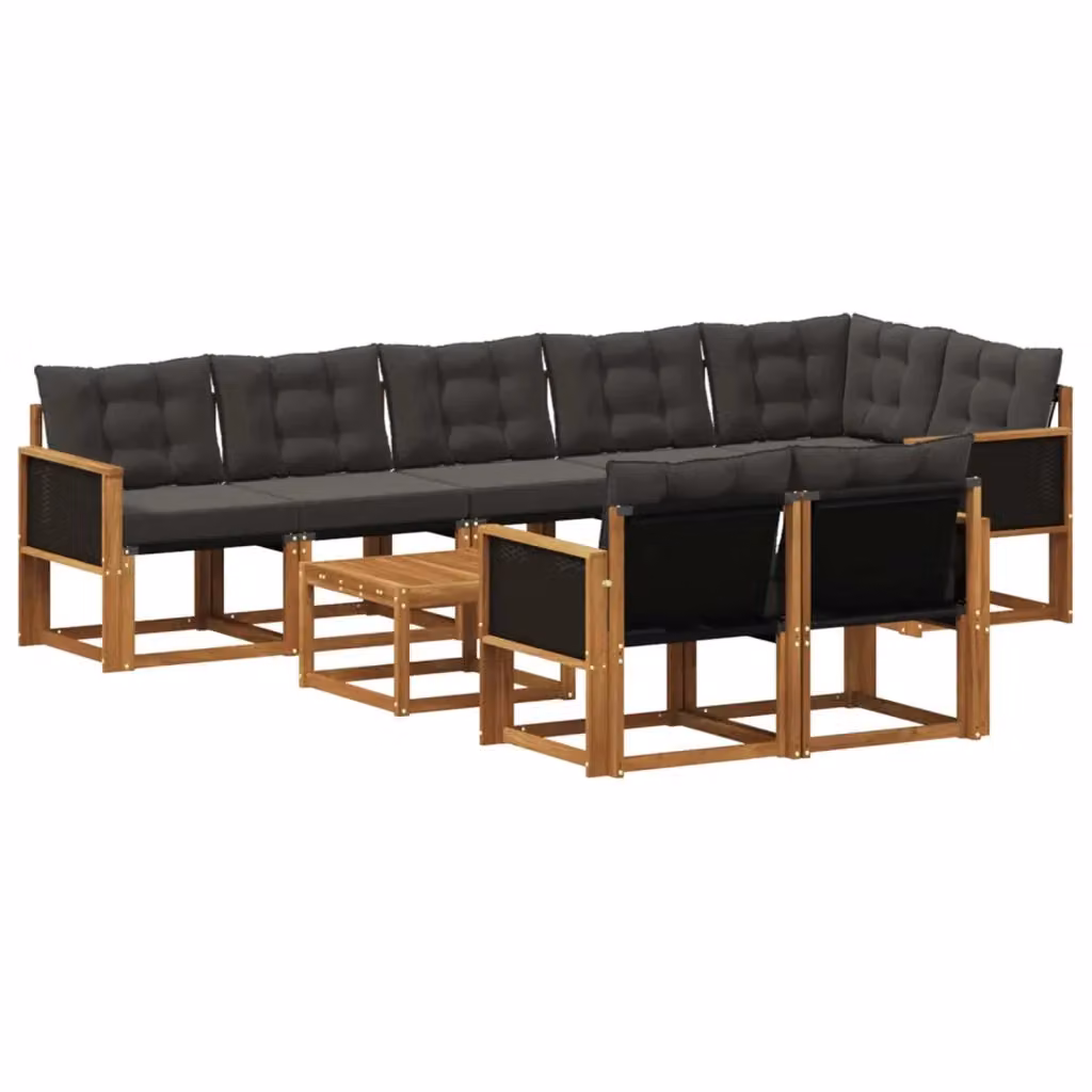 Set di divani da esterno a forma di U vidaXL in legno di acacia e textilene con cuscini e tavolino da caffè, marrone e nero – 2