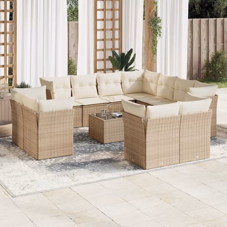 Set di Divani da Giardino vidaXL 12 Pezzi a Forma di U con Tavolino e Cuscini Beige in Polyrattan e Struttura in Acciaio