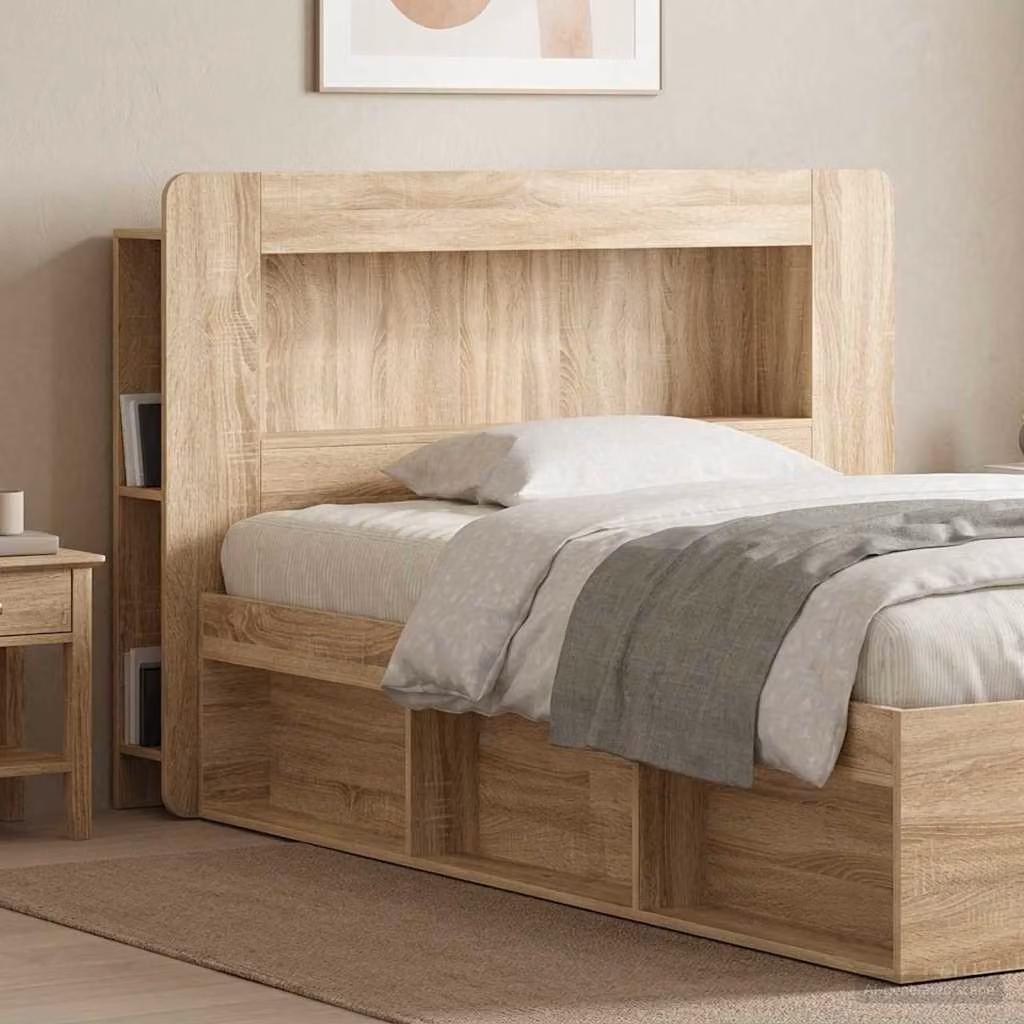 Testata del letto moderna vidaXL in legno ingegnerizzato Rovere Sonoma con ripiani integrati, colore marrone/beige