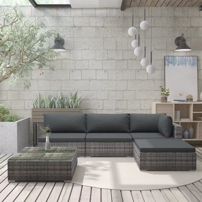The Living Store Set da giardino 5 pezzi con cuscini in poly rattan grigio