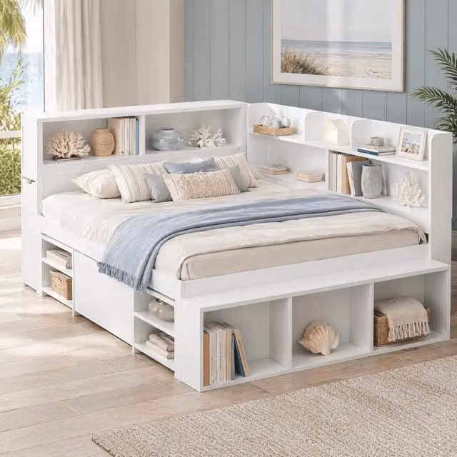 Letto per bambini 140x200 cm con cassetti, libreria e armadio, struttura in compensato bianca, senza materasso