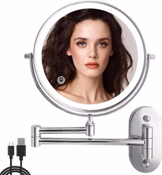 Specchio cosmetico con illuminazione a LED regolabile – Ingrandimento 1x/10x – Ricaricabile tramite USB – Rotante a 360° – Montaggio a parete – Ideale per bagno, spa e hotel – Specchio da barba (modello da parete)